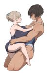 2girls age_difference black_hair blonde_hair blue_eyes breasts bulge carrying carrying_person competition_school_swimsuit dark-skinned_female dark_skin erection erection_under_clothes gym_uniform hands_on_another&#039;s_thighs height_difference highres implied_futanari kei_(m_k) large_breasts long_hair m_k multiple_girls onee-loli original ponytail red_eyes rika_(m_k) school_swimsuit short_hair simple_background size_difference standing sweat swimsuit tall tall_female tan tomboy wife_and_wife yuri 