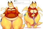  2023 absurd_res anthro banana_dragon biped bottomless bottomless_anthro bottomless_female chiquita_(brand) cleavage_cutout clothed clothing colarix digital_media_(artwork) dragon duo embrace eyes_closed female fruit_sticker head_between_breasts hi_res horn human human_on_anthro interspecies larger_anthro larger_female male male/female mammal membrane_(anatomy) membranous_wings multicolored_body nipple_outline scalie size_difference smaller_human smaller_male smile tan_body thick_thighs two_tone_body western_dragon wide_hips wings yellow_body 