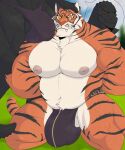  2023 anthro anthro_on_anthro barazoku belly biceps big_bulge big_muscles blurred_background bulge bulge_in_face castrodour clothed clothing cutaway day duo epic_games felid fortnite frown fur hand_on_head hands_behind_back hi_res huge_bulge huge_muscles imminent_sex kneeling komodo_dragon lizard male male/male mammal monitor_lizard musclegut muscular muscular_anthro muscular_male navel nipples oscar_(fortnite) outside pantherine pecs quads reptile scales scalie scar smile standing teeth thick_thighs thong thong_only thunder_(fortnite) tiger topless topless_anthro topless_male tuft underwear underwear_only whiskers 