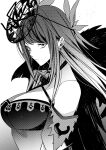  1girl absurdres breasts cleavage cleavage_cutout closed_mouth clothing_cutout detached_sleeves dress earrings fascinator fire_emblem fire_emblem_engage fur_trim greyscale highres illust_mi ivy_(fire_emblem) jewelry long_hair looking_at_viewer monochrome solo upper_body white_background 