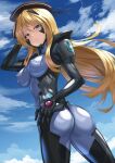  1girl armored_bodysuit ass baldr_sky black_bodysuit blonde_hair blue_bodysuit blue_eyes bodysuit breasts covered_nipples fortified_suit hand_on_own_hip hat headgear highres impossible_bodysuit impossible_clothes kirishima_rain kurione_(zassou) long_hair looking_at_viewer medium_breasts muv-luv muv-luv_alternative shiny_clothes solo standing two-tone_bodysuit wind wind_lift 