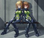  2girls armored_bodysuit bench blonde_hair blue_bodysuit blue_eyes blush bodysuit breasts brown_hair covered_navel covered_nipples fortified_suit green_bodysuit headgear highres impossible_bodysuit impossible_clothes kurione_(zassou) large_breasts leaning_on_person long_hair looking_at_another multiple_girls muv-luv muv-luv_alternative original ponytail shiny_clothes sitting two-tone_bodysuit yellow_eyes yuri 