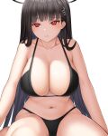  1girl asamura_hiori bare_shoulders bikini black_bikini black_hair blue_archive blush breasts cleavage collarbone hair_ornament hairclip halo highres large_breasts long_hair looking_at_viewer navel red_eyes rio_(blue_archive) solo swimsuit thighs very_long_hair 