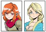  2girls armor bahamut_lagoon blonde_hair blue_coat blue_eyes braid breasts character_cutout cleavage coat joy_(bahamut_lagoon) kui_ryouko long_hair multiple_girls nelbo pointy_ears red_eyes red_hair red_scarf scarf single_braid single_shoulder_pad white_background 