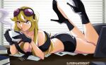  1girl artist_name black_shorts blonde_hair book breasts brown_eyes cup digimon digimon_story:_cyber_sleuth eyewear_on_head high_heels highres kuremi_kyouko large_breasts long_hair office paper scarf shorts solo sunglasses supermondobeat table tagme topless 
