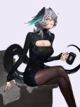  1girl alternate_costume aqua_eyes aqua_wings arknights black_nails black_sweater black_tail black_wings blurry breasts brown_pantyhose cleavage cleavage_cutout clothing_cutout commentary crossed_legs cup double-parted_bangs drink eyelashes eyeliner fangs feet_out_of_frame fingernails from_side grey_background grey_hair grin hair_between_eyes hand_up head_wings heart high_collar highres ho&#039;olheyak_(arknights) holding holding_cup holding_drink hotke large_breasts lips long_bangs long_fingernails long_hair long_sleeves long_tail looking_at_viewer looking_to_the_side makeup meme_attire messy_hair mug multicolored_wings nail_polish open-chest_sweater pantyhose paper paper_stack parted_lips red_eyeliner ribbed_sweater shadow shiny_clothes shiny_legwear simple_background sitting sitting_on_table sleeves_past_wrists smile snake_tail solo striped sweater table tail teeth thighs turtleneck turtleneck_sweater two-tone_wings vertical-striped_sweater vertical_stripes wings 