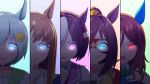  4girls 5girls animal_ears ao_komhur bare_shoulders blue_eyes blue_jacket brown_hair clenched_hand commentary_request domino_mask ear_covers el_condor_pasa_(umamusume) finger_to_mouth frilled_shirt frills glowing glowing_eyes golden_generation_(umamusume) gradient_background grass_wonder_(umamusume) grey_hair grin hair_between_eyes hair_ornament hairclip horse_ears horse_girl jacket king_halo_(umamusume) long_hair looking_at_viewer mask multicolored_hair multiple_girls open_mouth ponytail puffy_short_sleeves puffy_sleeves purple_eyes red_eyes red_jacket seiun_sky_(umamusume) shirt short_sleeves sleeveless sleeveless_shirt smile special_week_(umamusume) streaked_hair teeth tongue tongue_out umamusume upper_body upper_teeth_only white_hair white_shirt yellow_shirt 