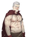  1boy abs absurdres bandaid bandaid_on_face bara bare_pectorals blush brown_pants cape goatee_stubble groin highres holster large_pectorals looking_to_the_side male_focus muscular muscular_male navel nipples pants pectorals persona persona_3 persona_4:_the_ultimate_in_mayonaka_arena philipposole red_cape sanada_akihiko scar scar_on_arm scar_on_chest shadow_akihiko short_hair shoulder_holster solo undercut upper_body white_background white_hair 