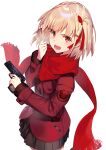  1girl absurdres adapted_costume black_skirt blonde_hair buttons double-breasted finger_on_trigger gun hair_ornament handgun highres jacket long_sleeves looking_at_viewer lycoris_recoil m1911 nishikigi_chisato red_eyes red_jacket red_scarf scarf short_hair skirt solo tsukudani_(ore624) weapon white_background 