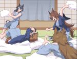  4girls ahoge animal_ears breasts brown_hair cellphone commentary_request covering_face hair_between_eyes hair_down highres holding holding_phone horse_ears horse_girl horse_tail indoors japanese_clothes katsuragi_ace_(umamusume) kimono long_hair long_sleeves medium_breasts medium_hair mr._c.b._(umamusume) mukakin multicolored_hair multiple_girls phone pillow_fight sirius_symboli_(umamusume) smartphone streaked_hair symboli_rudolf_(umamusume) tail tatami umamusume white_hair wide_sleeves yukata 