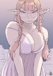  1girl braid breasts brown_hair cleavage dress elf glasses hadashi_no_kenji highres large_breasts looking_at_viewer paper_stack pointy_ears smile solo strap_slip tanken_hakken_boku_no_isekai_elf-san thick_eyebrows tsurime twin_braids twintails upper_body white_dress 