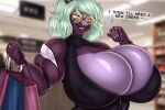  absurd_res anthro big_breasts breast_squish breasts clothing dragon dress eyewear female glasses hi_res huge_breasts hyper hyper_breasts lavochnica muscular muscular_female piercing shopping solo squish tight_clothing 