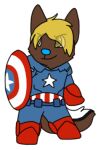  2013 alpha_channel ambiguous_gender anthro black_markings blue_nose bluekyokitty brown_body brown_fur canid canine canis captain_america chibi clothed clothing cosplay costume digital_drawing_(artwork) digital_media_(artwork) domestic_dog eye_through_hair eyebrow_through_hair eyebrows flat_colors full-length_portrait fully_clothed fur hair hair_over_eyes holding_object holding_shield low_res mammal markings marvel mixed_breed plantigrade portrait sebdoggo shield simple_background smile solo standing tail translucent translucent_hair transparent_background white_markings yellow_eyes 