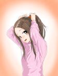  1girl absurdres arms_up brown_eyes highres karakai_jouzu_no_takagi-san open_mouth parted_bangs pink_sweater ponytail ribbed_sweater solo sweater takagi-san tying_hair upper_body user_datj4345 