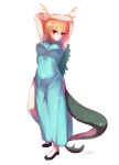  1girl absurdres antlers armpits arms_up blonde_hair blue_dress dragon_girl dragon_horns dragon_tail dress highres horns kicchou_yachie looking_at_viewer red_eyes same_tiii short_hair tail touhou turtle_shell yellow_horns 
