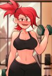  1girl absurdres arkeus_165 arm_at_side arm_up blurry blurry_background blush breasts cartoon_network cleavage collarbone ear_piercing exercise exercise_machine eyelashes foster&#039;s_home_for_imaginary_friends frankie_foster gym gym_uniform highres indoors large_breasts looking_at_viewer navel open_mouth piercing ponytail red_hair sports_bra sportswear stomach sweat teeth thigh_strap toon_(style) upper_body weightlifting weights window 