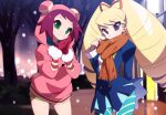  2girls blue_dress brown_eyes dress gloves green_eyes green_shorts hood hoodie kaidou_zx long_hair looking_at_viewer luna_platz_(mega_man) mega_man_(series) mega_man_star_force multiple_girls own_hands_clasped own_hands_together pink_hoodie red_gloves red_hair scar short_hair shorts sonia_strumm_(mega_man) tagme twintails 