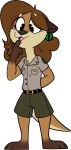  2016 3_toes 4_fingers anthro barefoot biped black_belt black_eyelashes black_eyes black_mouth black_nose bottomwear breasts brown_body brown_bottomwear brown_clothing brown_ears brown_fur brown_hair brown_markings brown_shorts cheek_tuft chest_tuft chokovit_(artist) circle_eyebrows claws clothed clothed_anthro clothed_female clothing colored countershade_face countershade_neck countershade_tail countershade_torso countershading darkened_ears digital_drawing_(artwork) digital_media_(artwork) ditzy ear_piercing eyebrow_through_hair eyebrows facial_tuft feet female female_anthro finger_claws fingers front_view fruit_ear_piercing full-length_portrait fur gloves_(marking) grey_clothing grey_shirt grey_topwear hair hand_behind_back leg_markings long_tail mammal markings mustelid open_mouth otter otter_tail park_ranger pawpads pie_cut_eyes piercing pink_tongue portrait schultz_(chokovit) shirt shorts simple_background socks_(marking) solo tail tan_body tan_countershading tan_eyebrows tan_tuft toes tongue topwear translucent translucent_hair tuft watermelon_ear_piercing white_background yellow_belt_buckle yellow_buckle 