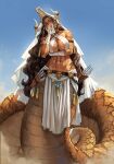  1girl abs animal_skull artist_name bandaged_arm bandages bare_shoulders breasts brown_hair dagger dreadlocks dust english_commentary head_tilt highres horns knife lamia large_breasts long_hair looking_at_viewer monster_girl mouth_veil muscular muscular_female navel original outdoors pelvic_curtain robusta_mania scales scar sheath sheathed skull sky solo tan veil very_long_hair wavy_hair weapon white_headdress white_veil 
