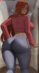  1girl ass bleach blurry blurry_background blush breasts curvy highres indoors inoue_orihime large_breasts long_hair long_sleeves looking_at_viewer looking_back orange_hair oroborus pants pink_shirt shirt solo tight_clothes tight_pants yoga_pants 