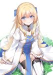  1girl absurdres blonde_hair blue_bow blue_eyes blush boots bow breasts closed_mouth dress frilled_sleeves frills goblin_slayer! hair_bow hair_intakes highres long_hair long_sleeves looking_at_viewer priestess_(goblin_slayer!) saltedfishmax shiny_skin sitting sleeves_past_wrists small_breasts smile solo thigh_boots very_long_hair wariza white_background white_dress white_footwear zettai_ryouiki 