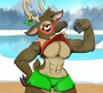  abs absurd_res blush bottomwear breasts christmas clothed clothing clothing_lift deer female flexing hi_res holidays lake makeup mammal muscular new_world_deer outside reindeer shirt shorts solo tank_top topwear under_boob weirdkoaladream 