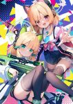  2girls :d animal_ear_headphones animal_ears black_thighhighs blonde_hair blue_archive blue_necktie blunt_bangs blush bow cat_ear_headphones closed_mouth collared_shirt commentary_request expressionless fake_animal_ears feet_out_of_frame green_bow green_eyes green_halo gun hair_bow halo headphones holding holding_gun holding_weapon kneeling knees_up long_sleeves looking_at_viewer medium_hair midori_(blue_archive) miniskirt momoi_(blue_archive) multiple_girls nanamomo_rio necktie open_hand open_mouth pink_halo pleated_skirt red_bow red_eyes rifle shirt short_necktie siblings sisters sitting skirt smile teeth thighhighs thighs tiptoes twins upper_teeth_only v-shaped_eyebrows weapon white_shirt wide_sleeves zettai_ryouiki 