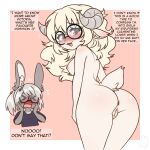  anthro anus areola biped blonde_hair blush bovid breasts bunnybits butt caprine eyelashes eyewear female genitals glasses hair hi_res mammal nipples pupils pussy smile 