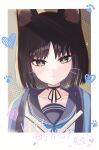  absurdres akira_(g0dspeed) animal_ears black_eyes black_hair blue_archive blue_heart blue_robe border cat_ears choker facial_mark heart highres kikyou_(blue_archive) portrait robe sailor short_hair translation_request whisker_markings white_border 