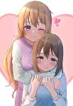  2girls :t absurdres blue_eyes blush breasts brown_hair closed_mouth collarbone heart highres hug hug_from_behind konoe_kanata long_hair long_sleeves love_live! love_live!_nijigasaki_high_school_idol_club medium_breasts multiple_girls ousaka_shizuku panaham pink_shirt purple_eyes shirt smile straight_hair very_long_hair white_sleeves yuri 