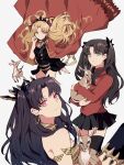  3girls absurdres animal black_hair black_leotard black_ribbon black_thighhighs blonde_hair blue_eyes cape closed_mouth commentary_request deer earrings ereshkigal_(fate) expressionless fate/grand_order fate/stay_night fate_(series) floating_hair gold_trim grin hair_ribbon highres hoop_earrings ishtar_(fate) jewelry leotard long_sleeves looking_at_viewer miniskirt multiple_girls parted_bangs pleated_skirt red_cape red_eyes red_sweater ribbon simple_background single_sleeve skirt smile sodamachi sweater thighhighs tiara tohsaka_rin twitter_username two_side_up white_background 