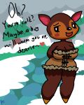  animal_crossing anthro bedroom_eyes big_breasts bottomless breasts cleavage clothed clothing deer fauna_(animal_crossing) female klutzatdusk looking_at_viewer mammal narrowed_eyes nintendo seductive solo tight_clothing wide_hips 