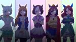  4girls 5girls animal_ears ao_komhur bare_shoulders black_pantyhose black_thighhighs blue_eyes blue_jacket bow bracelet brown_hair buttons clenched_hand commentary_request cowboy_shot crossed_arms domino_mask double-breasted dress ear_bow ear_covers ear_ornament el_condor_pasa_(umamusume) finger_to_mouth frilled_shirt frills glowing glowing_eye golden_generation_(umamusume) gradient_background grass_wonder_(umamusume) green_bow green_dress grey_hair grin hair_between_eyes hair_ornament hairclip holding_own_arm horse_ears horse_girl jacket jewelry king_halo_(umamusume) long_hair long_sleeves looking_at_viewer mask multicolored_hair multiple_girls off-shoulder_dress off_shoulder open_mouth pantyhose ponytail puffy_short_sleeves puffy_sleeves purple_bow purple_eyes red_eyes red_jacket seiun_sky_(umamusume) shirt short_sleeves single_ear_cover sleeveless sleeveless_shirt smile special_week_(umamusume) streaked_hair teeth thigh_strap thighhighs tongue tongue_out umamusume upper_teeth_only white_hair white_shirt white_thighhighs wristband yellow_shirt 