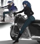  1boy 1girl alternate_costume ashe_ubert ass black_footwear black_gloves black_pants black_shirt blue_eyes blue_hair blue_hoodie boots breasts byleth_(female)_(fire_emblem) byleth_(fire_emblem) closed_mouth commentary_request contemporary denim fire_emblem fire_emblem:_three_houses flying_sweatdrops from_side gloves green_eyes grey_hair highres hood hood_down hoodie hug hug_from_behind jeans large_breasts long_hair long_sleeves looking_at_viewer motor_vehicle motorcycle pants pocket profile riding shirt shoes short_hair sitting sneakers twitter_username ushiomi white_footwear 