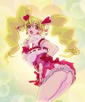  \m/ ass blonde_hair bow breasts covered_nipples cure_peach earrings fresh_precure! frills hair_ornament heart heart_hair_ornament highres jewelry long_hair magical_girl medium_breasts momozono_love no_panties open_mouth oprince pink_bow precure red_eyes ribbon solo twintails 