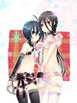  ahoge bad_id bad_pixiv_id bdsm black_hair black_legwear blue_eyes blue_hair blush bondage bound bound_together breasts chain christmas collar femdom highres linked_collar medium_breasts momoyama_nozomu multiple_girls naked_ribbon navel no_panties original red_eyes ribbon ribbon_bondage small_breasts thighhighs underboob white_legwear wrist_cuffs yuri 