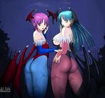  2girls ark ass big_ass big_breasts big_tits breasts capcom cleavage demon_girl from_behind green_eyes green_hair hips large_breasts lilith_aensland long_hair looking_back morrigan_aensland multiple_girls open_mouth purple_eyes purple_hair sexy short_hair succubus surprise surprised vampire_(game) wide_hips wings 