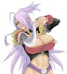  breasts cleavage cleavage_cutout crop_top dark_skin dithering dragonaut garnet_mclane hair_over_one_eye huge_breasts midriff purple_hair satou_atsuki solo sword weapon 