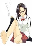  annoyed bad_id bad_pixiv_id barefoot black_hair blush feet forehead frown glasses hair_ornament hairclip holding_socks legs long_hair original panties pantyshot pipa pov_feet school_uniform sitting skirt socks socks_removed soles solo translated underwear 