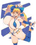  blonde_hair blue_eyes blush breasts cleavage elf gigantic_breasts nomura_ryouji pointy_ears smile swimsuit wink 