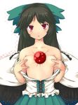  areolae bow breasts brown_hair cape eyes green_bow hair_bow long_hair open_clothes open_shirt red_eyes reiuji_utsuho shirt small_breasts solo topless touhou uro wings 