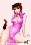  animal_ears breasts brown_hair bulge cheongsam china_dress chinese_clothes cleavage dress futanari newhalf red_eyes solail_(faya) tail thighs 