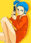  bad_id bad_pixiv_id blue_hair bottomless green_eyes gun hair_bobbles hair_ornament hayami_sukaruchinofu legs rag_uralo sentou_mecha_xabungle short_hair side_ponytail solo weapon 