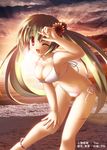  anklet beach bikini blonde_hair flower hair_flower hair_ornament highres jewelry long_hair one_eye_closed original red_eyes side-tie_bikini smile solo sunflower sunset swimsuit twintails very_long_hair yamashiro_kogane yuyi 