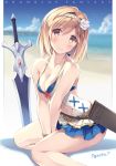  1girl arms_between_legs bangs beach belt bird blonde_hair blue_sky bracelet breasts brown_eyes casual_one-piece_swimsuit character_name cleavage cloud collarbone copyright_name day djeeta_(granblue_fantasy) english_text eyebrows_visible_through_hair flower gem granblue_fantasy hair_flower hair_intakes hair_ornament hairband halterneck head_tilt heart highres horizon itoichi. jewelry looking_at_viewer medium_breasts navel_cutout ocean one-piece_swimsuit outdoors revision rose sheath short_hair sitting sky smile solo swimsuit sword v_arms water weapon white_flower white_rose yokozuwari 