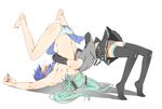 1girl bad_id bad_pixiv_id barefoot blue_hair blue_nails blue_scarf detached_sleeves german_suplex hatsune_miku kaito legs long_hair nail_polish necktie panties scarf shaded_face simple_background skirt striped striped_panties suplex thighhighs twintails underwear ushi_(newrein) vocaloid 