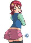  1girl artist_request ass blush brown_eyes capcom crossed_arms embarassed embarrassed female huge_ass long_sleeves looking_back looking_behind lowres miniskirt open_mouth red_hair rockman rockman_exe sakurai_meiru short_hair simple_background skirt thighhighs yellow_eyes 