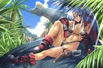  armor bikini_armor bikini_top blue_eyes blue_hair boots breasts breasts_apart cloud copyright_request day dinosaur knife large_breasts muscle navel ponytail rakko_(r2) reclining sky solo tattoo tree 