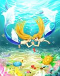  2girls artist_request blonde_hair blue_eyes fish hand_holding holding_hands long_hair mermaid monster_girl multiple_girls shell siblings sisters smile starfish topless turtle twins underwater water 