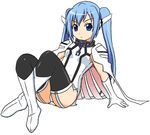  black_legwear blue_eyes blue_hair boots chain collar elbow_gloves garter_straps gloves latex lowres nymph_(sora_no_otoshimono) panties solo sora_no_otoshimono thighhighs toono_ryousuke twintails underwear white_gloves white_panties 